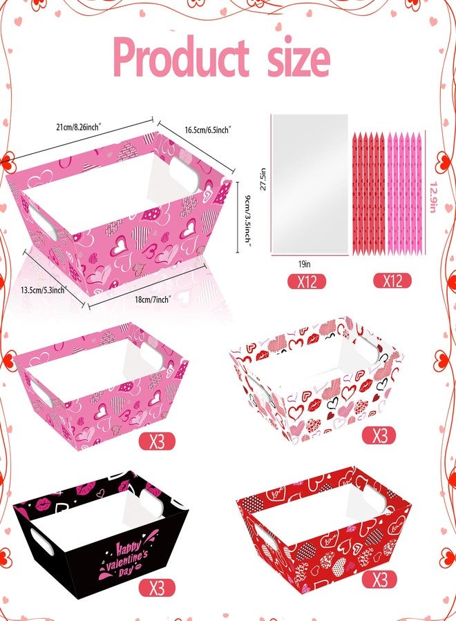 EUVBOKW 12 Pcs Valentine Gift Baskets,Love Heart Empty Boxes with Cellophane Bags and Ribbons for Romantic Valentine's Day Gifts and Wedding Decor (Valentine) - Image 2